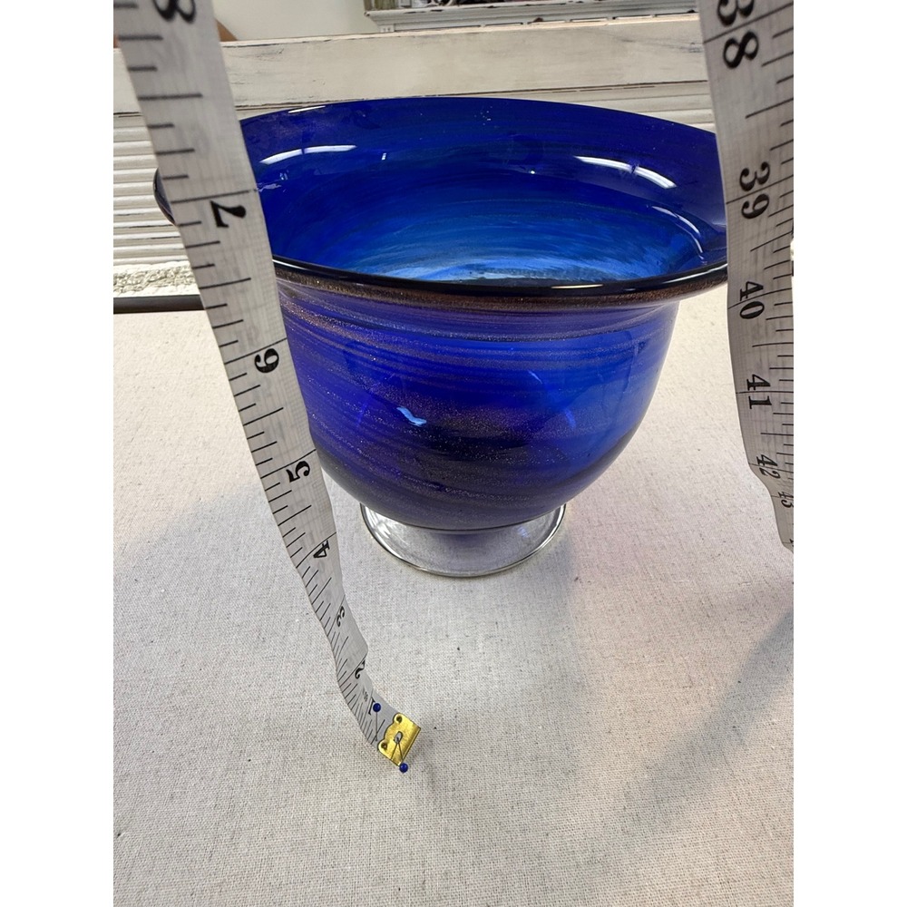 Hand Blown Cobalt Blue Glass Bowl Gold Aventurine Swirl Pedestal Centerpiece 10"